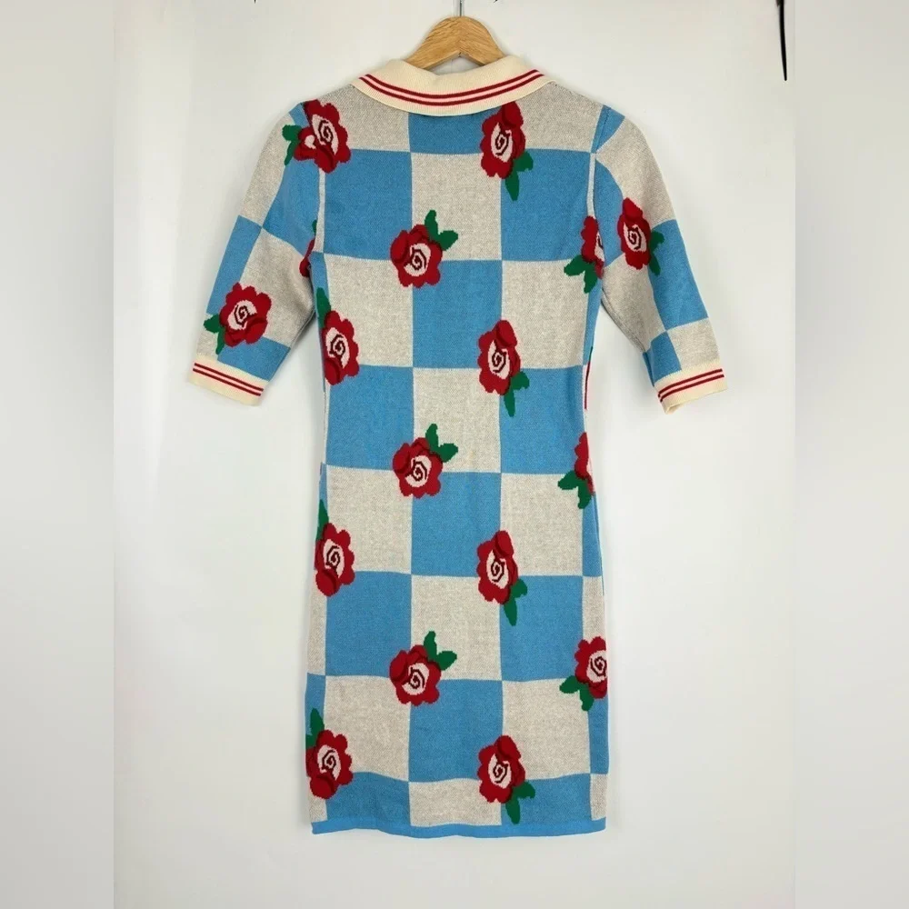 NWT Glamorous For Free People Checkerboard Roses Collared Knit Mini Dress
